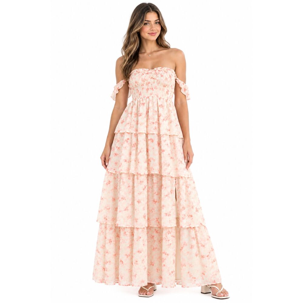 Beivy Orange Floral Tiered Off The-Shoulder Maxi Dress Size M NWT